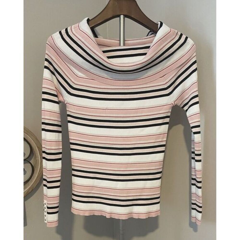 White House Black Market Pink Black Striped Off The Shoulder Sweater‎ Sz S EUC!